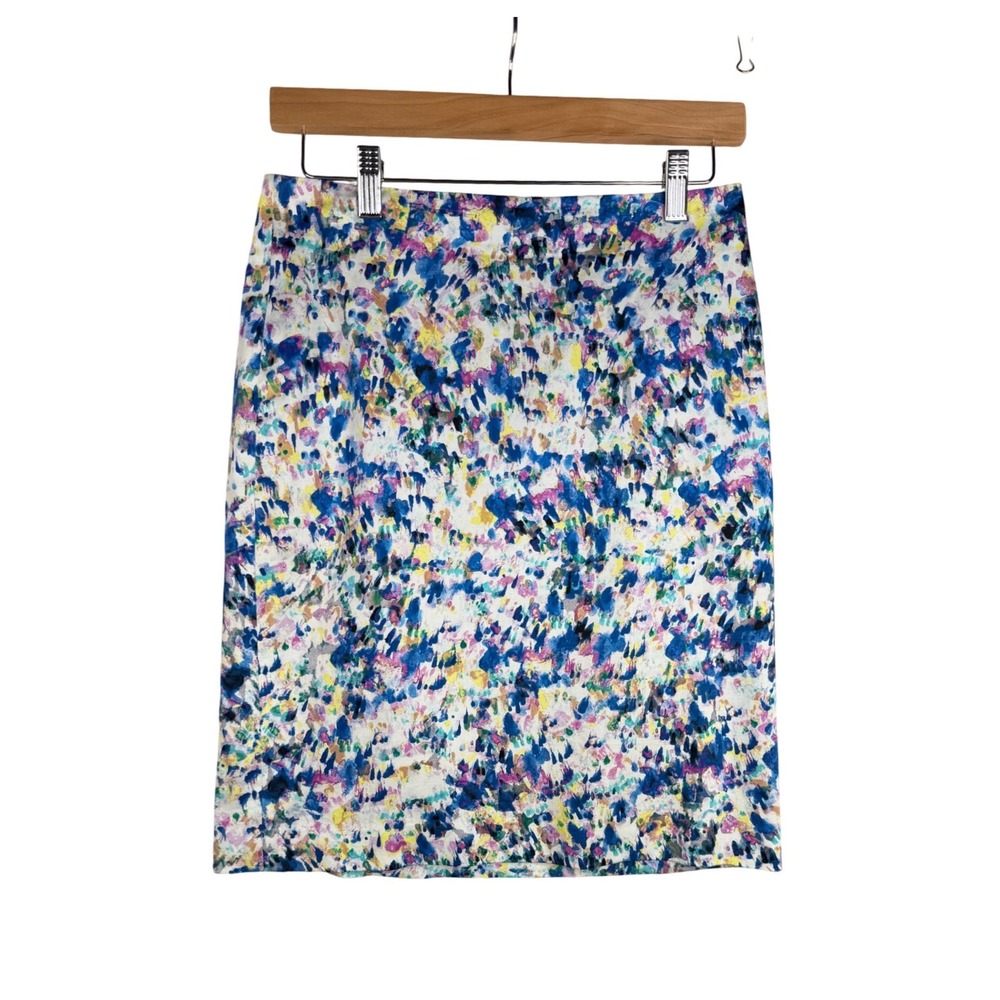 Ann Taylor Artsy Watercolor Straight Skirt size 4 Petite Blue/Purple/White‎